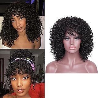 Perruques courtes bouclées avec frange pour femmes noires, perruque afro-américaine noire naturelle, cheveux