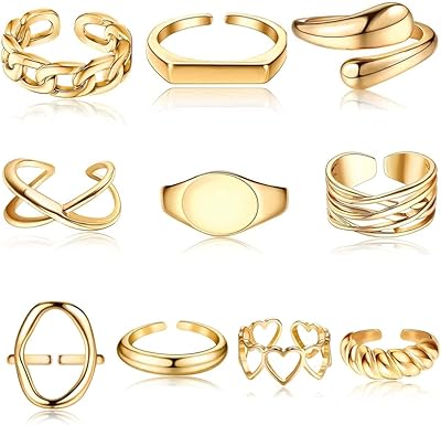 Tomophile 10 pièces gros anneaux dôme pour femmes plaqué or 18 carats, anneaux