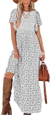 Robe longue d'été décontractée brittigarden à manches courtes motif floral bohème et col