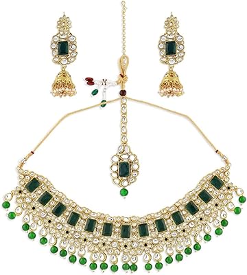 Parure de bijoux en perles zaveri pour femme (vert) (zpfk8686), métal, kundan