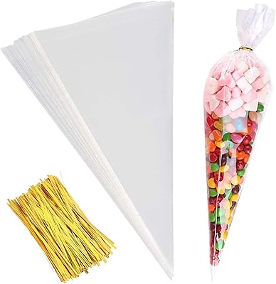 100pcs sachets cônes en cellophane transparents, sacs cônes transparents pour confiserie et pâtisserie avec liens torsadés dorés pour biscuits faits à la main, cadeaux de mariage et de fête d'anniversaire, 37 cm x 18 cm. DIAYTAR COTE D'IVOIRE est une boutique en ligne généraliste qui propose plus de 300 000 références de produits. Elle est leader en Côte d'Ivoire et offre une grande variété de choix pour ses clients. DIAYTAR COTE D'IVOIRE met en avant la qualité et la disponibilité de ses produits.