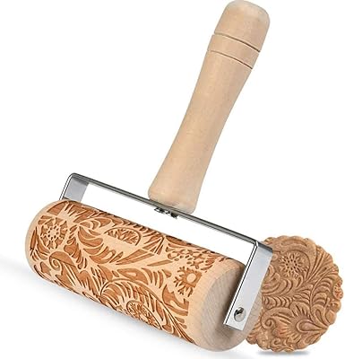 Rouleau à pâtisserie gravé en bois delfino avec motif fleur rose 3d gravé