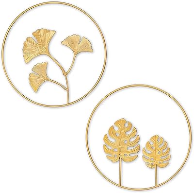 Feuilles rondes art mural en métal sculptures murales en fer métal doré naturel