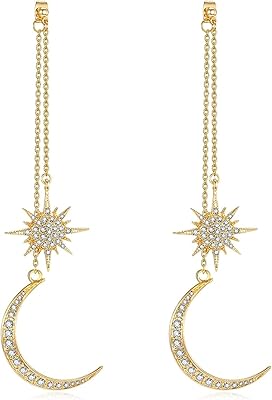 Boucles d'oreilles longues pendantes délicates pour femmes, or 14 carats, bijoux martelés à la mode, boucles d'oreilles lune, ensemble de boucles d'oreilles soleil et or, argent et or, métal. DIAYTAR COTE D'IVOIRE se distingue par sa capacité à proposer une offre sans cesse renouvelée et adaptée aux attentes des consommateurs ivoiriens. Grâce à son réseau de fournisseurs sélectionnés, cette boutique en ligne généraliste peut offrir des produits de marque à des prix avantageux, tout en maintenant un niveau de qualité élevé pour satisfaire les besoins de sa clientèle.