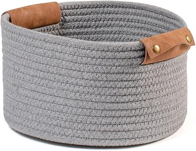 H&h cesto en cotone grigio con manici en ecopelle tondo 30x18hcm