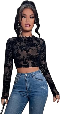 T-shirt court transparent pour femme à manches longues et col montant orné