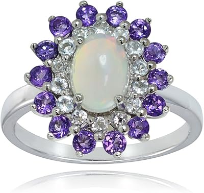 Bague ovale en argent sterling avec opale éthiopienne gemster, améthyste africaine et pierre