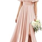 Robe formelle longue en mousseline de soie, col en v, manches fendues