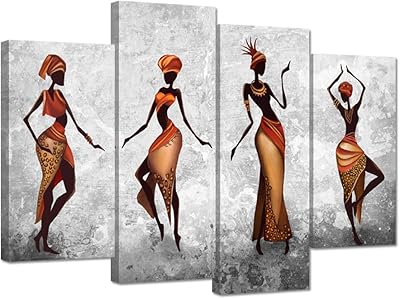 Ihappywall 4 panneaux sur toile traditionnelle de femmes africaines pour décoration murale, tribu