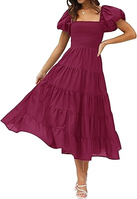 Robe d'été pour femme 2023, col carré, manches courtes bouffantes, couleur unie, taille