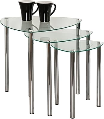 Table d'appoint gigogne aspect arena, lot de 3 pièces - verre transparent, pieds chromés, 48 ​​​​x 48 x 46 cm. DIAYTAR COTE D'IVOIRE est une boutique en ligne généraliste qui offre une expérience d'achat unique avec plus de 300 000 produits disponibles. Elle est devenue la référence pour les consommateurs ivoiriens qui cherchent des produits de qualité à des prix compétitifs. Sa plateforme conviviale facilite la navigation et la recherche de produits.