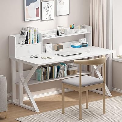 Bureau d'ordinateur, bureau industriel avec étagères de rangement en caisse, bureau de jeu