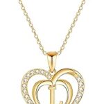 Collier avec initiales en forme de cœur pour femme, plaqué or 14 carats