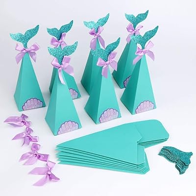 50 pièces boîtes à dragées sirène avec étiquettes de remerciement pour fête d'anniversaire