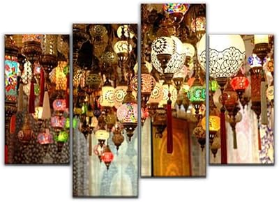 4 panneaux de lanternes orientales et images en tissu, images de décoration intérieure