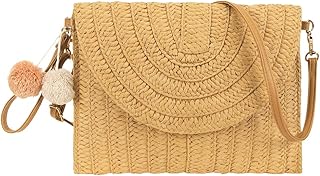 Sac à bandoulière en paille pour femme, sac à bandoulière à pompon