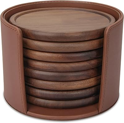 Sous-verres en bois avec support en cuir, ensemble de 8 sous-verres en bois