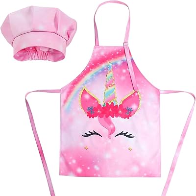 Ensemble tablier de cuisine imprimé licorne avec toque de chef, réglable, pour enfants