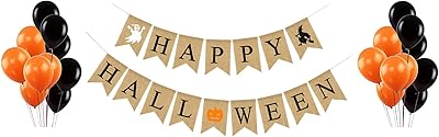Bannière en toile de jute happy halloween party - guirlande assemblée avec ballons