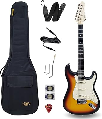 Guitare électrique sqoe stratocaster - marque espagnole avec accessoires (sunburst matte)