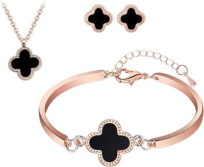 Ensemble de 3 pièces de trèfle à quatre feuilles en or rose, boucles