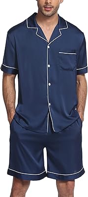 Ensemble pyjama en satin pour hommes, chemise boutonnée à manches courtes/longues en soie