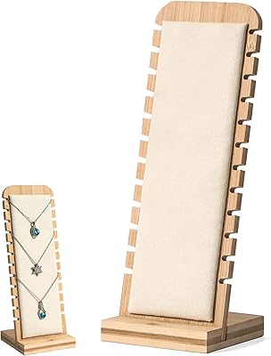 Présentoir à bijoux et colliers, 12 emplacements en bois léger avec tapis