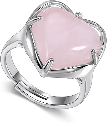 Bague avec pierres précieuses en cristal de guérison réglable en forme de cœur