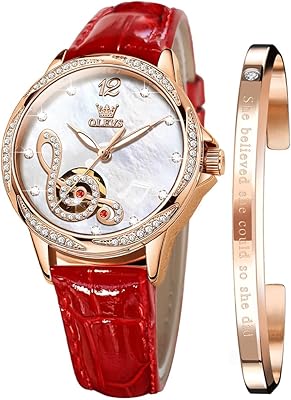 Montre automatique pour femme avec bracelet en cuir mécanique à remontage automatique, montre-bracelet