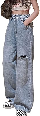 Jean ample décontracté déchiré délavé à jambe large pour jeunes filles de 5