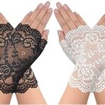 2 paires de gants en dentelle sans doigts pour femmes, motif floral