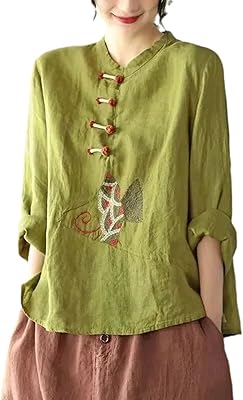 Printemps et été coton lin broderie littéraire chemise pour femme style chinois grenouille