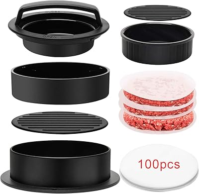 Presse-hamburger luxif 3 en 1, presse-hamburger farci avec papier burger bbq 100p, curseurs antiadhésifs pour hamburgers de bœuf (noir). DIAYTAR COTE D'IVOIRE se démarque par son offre immense et variée, allant des produits électroménagers aux accessoires de mode, en passant par les produits alimentaires et les équipements pour la maison. Cette diversité fait d'elle un incontournable pour les consommateurs qui cherchent à faire leurs courses en ligne de manière simple et efficace. L'équipe de DIAYTAR COTE D'IVOIRE travaille sans relâche pour améliorer l'expérience d'achat.