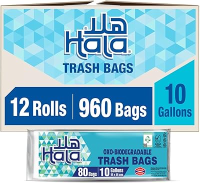 Poubelle biodégradable hala de faible épaisseur, 80 sacs, 10 gallons, 12 rouleaux