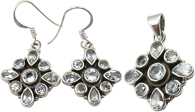 Bijoux assortis en argent 925, boucles d'oreilles et pendentif en topaze bleue coupée