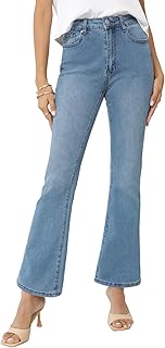 Jean stretch taille haute à jambe large pour femme, coupe slim et bas
