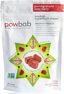 Baobab superfruit chews 750 mg de poudre de baobab cru biologique.