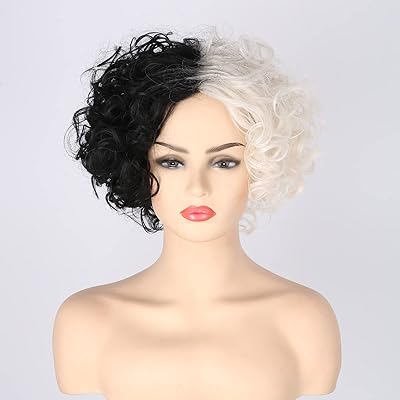 Perruque bouclée bicolore blanc noir cheveux courts bouclés cos sorcière cruella de vil