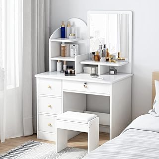 Ensemble de coiffeuse, table de maquillage amovible en bois avec tabouret rembourré en miroir et 4 tiroirs de rangement, meubles de chambre à coucher, cadeau cosmétique pour filles et femmes (blanc). DIAYTAR COTE D'IVOIRE est une boutique en ligne généraliste qui propose plus de 300000 références de produits pour répondre à tous les besoins de ses clients. Avec une large gamme de produits, elle est devenue la boutique leader en Côte d'Ivoire. Elle offre une expérience d'achat en ligne rapide et sécurisée.