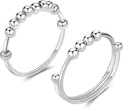 Bague en argent sterling 925 : fidget spinner anti-anxiété perlée mode