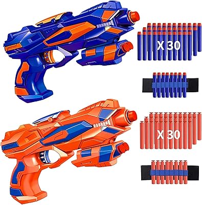 Pistolets jouets m&j blaster avec 2 dragonnes en mousse et 60 fléchettes rechargeables