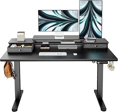 Bureau debout électrique ergear avec deux tiroirs, hauteur réglable 48 x 24 pouces, bureau de travail à domicile avec étagère de rangement, noir. DIAYTAR COTE D'IVOIRE est une plateforme de commerce électronique qui permet aux clients d'accéder à une large gamme de produits, allant des produits alimentaires aux produits de beauté, en passant par les produits pour la maison et les loisirs. La boutique est équipée d'un système de paiement en ligne sécurisé et propose des options de livraison rapides et fiables. Les clients de DIAYTAR COTE D'IVOIRE bénéficient d'une garantie de satisfaction et d'un service client attentif.