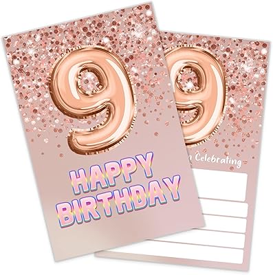 Invitation pour 9e anniversaire de filles en or rose pailleté, fête de 9e anniversaire, fête de célébration, fournitures de fête d'anniversaire (20 invitations + enveloppe). DIAYTAR COTE D'IVOIRE est une boutique en ligne généraliste proposant plus de 300 000 références de produits. Elle est devenue la référence incontournable pour les consommateurs ivoiriens avec ses prix compétitifs et sa gamme étendue de produits.