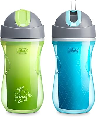 Gobelet isotherme chicco de 9 oz avec couvercle rabattable et paille, vert/bleu sarcelle