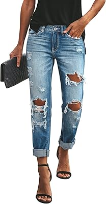 Jean boyfriend déchiré taille moyenne pour femme, coupe ample, pantalon en denim extensible