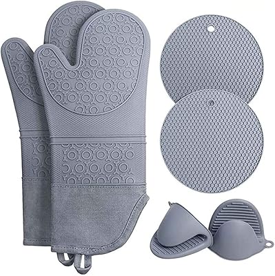 Ensemble de gants de cuisine et maniques extra longs, gris, paquet de 6