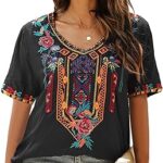 Highstar femmes mexicain boho brodé hauts bohème style paysan chemises d'été chemisier à