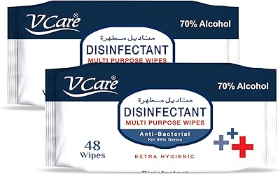 Lingettes désinfectantes antibactériennes multi-usages vcare, 2 x 48 lingettes (paquet de 2)