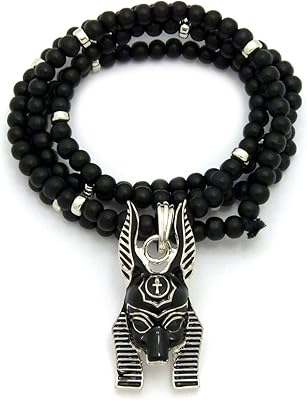 Pendentif tête anubis dieu d'egypte 6mm 30" perles en bois couleur or argent