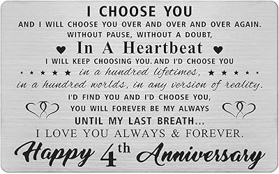 Carte d'anniversaire de 4 ans pour mari, femme pour lui, 4e anniversaire, meilleure carte d'anniversaire de mariage gravée, cadeaux pour couples. DIAYTAR COTE D'IVOIRE est une boutique en ligne généraliste qui propose des produits de toutes sortes. La boutique est équipée d'un système de paiement sécurisé et propose différentes options de livraison pour garantir que les clients reçoivent leurs produits de manière rapide et sécurisée. Les clients peuvent également profiter de promotions et de réductions spéciales pour économiser de l'argent.